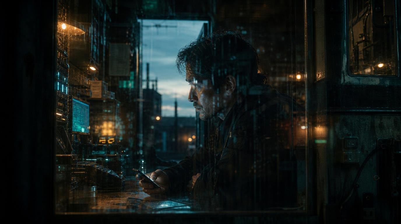 A man behind rain-streaked glass at dusk, absorbed in the glow of a phone at a cluttered workbench, amber lamps and a cyan monitor around him, an open doorway behind him showing the evening sky.