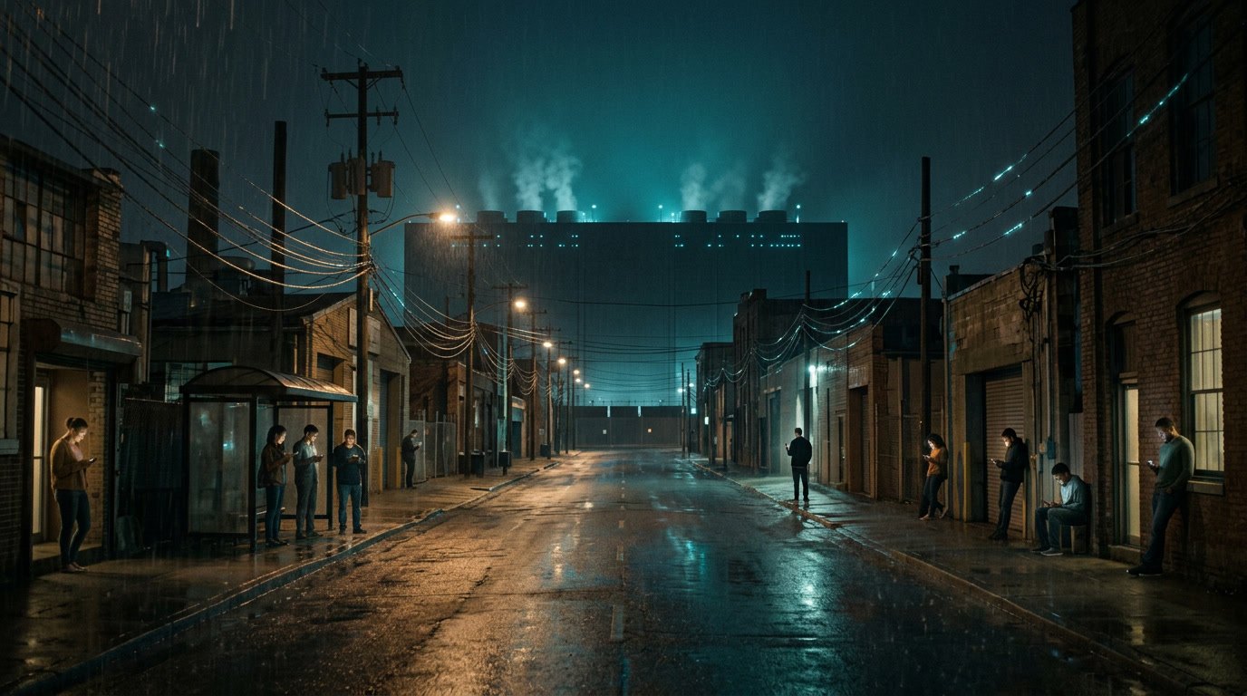 A rainy night street where people lit by their phones line both sidewalks, power lines converging toward a vast data center glowing cyan on the horizon.